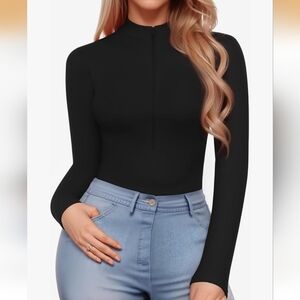 Black Quarter Zip-Up Long Sleeve Bodysuit